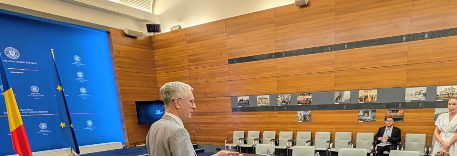Vladimir Lipaev, Russian ambassador to Romania, is shown fragments of drones downed on Romanian territory at the Romanian Foreign Ministry in Bucharest in this handout image released on 27 July 2026. Romanian Foreign Ministry/Handout via Reuters