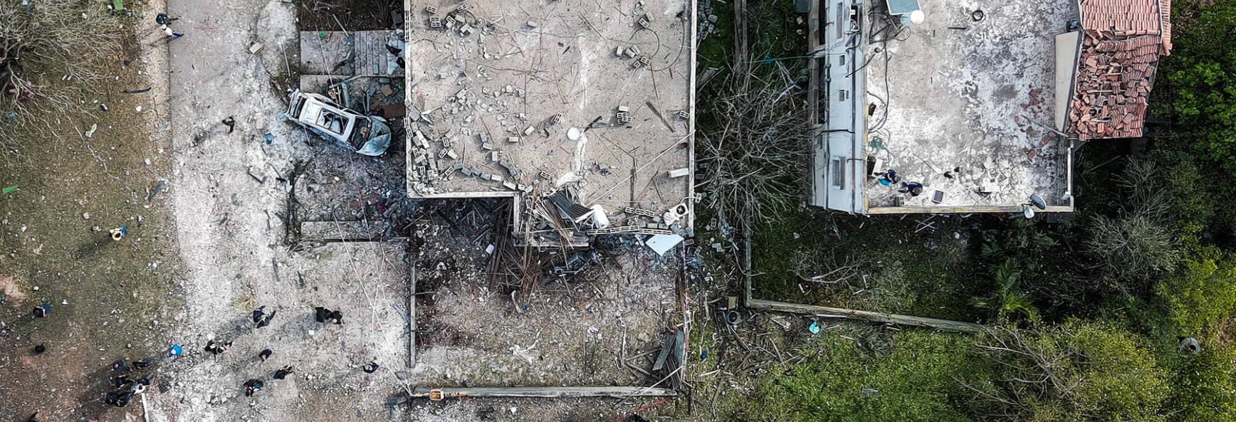 A drone view of damaged buildings in northern Israel following projectile barrages from Hezbollah on 13 March 2026, amid an escalation between Hezbollah and Israel and the US-Israel conflict with Iran