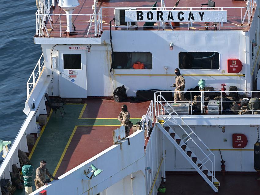 The Pushpa, which also uses the names Kiwala and Boracay, is pictured off the coast of western France on 1 October 2025 after French soldiers boarded the tanker on suspicion that it was involved in drone flights over Denmark. Photo by Damien Meyer/AFP via Getty Images