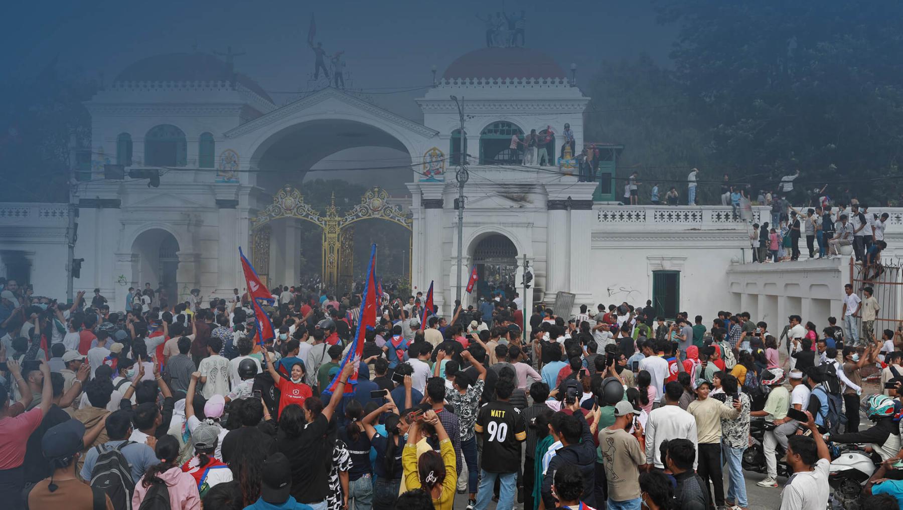 Protesters gather at the main administrative building in Kathmandu, Nepal, on 9 September 2025, a day after a police crackdown on demonstrations over the government's social media prohibitions and corruption. 