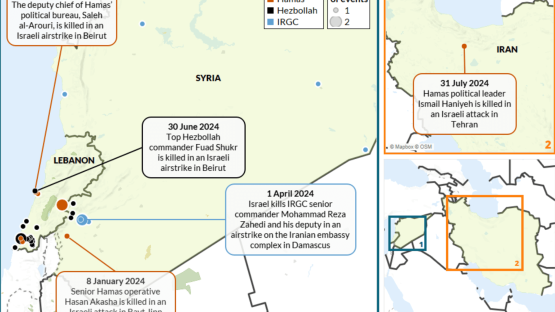ACLED data visual mapping targeting killings of senior 'axis of resistance' members outside of Palestine