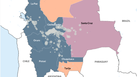 Map showing pro morales demonstrations in bolivia 2023-25