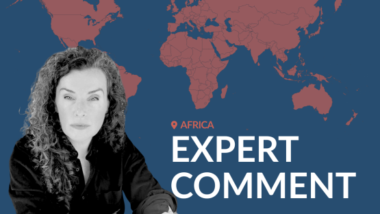 Headshot of the author, Clionadh Raleigh, against a world map background with the text &ldquo;Africa &ndash; Expert Comment,&rdquo;