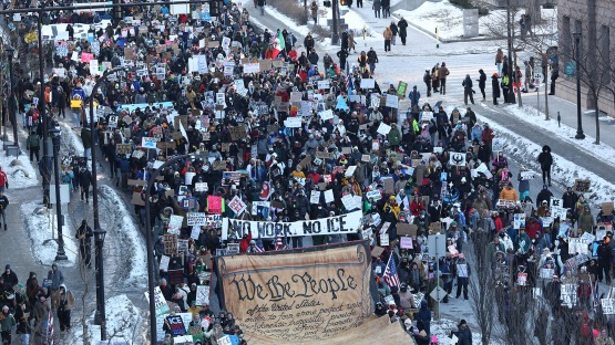 People partake in a "National Shutdown" protest against US Immigration and Customs Enforcement (ICE) in Minneapolis, Minnesota, on 30 January 2026.