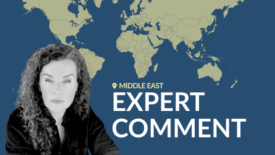 Headshot of the author, Clionadh Raleigh, against a world map background with the text &ldquo;Middle East &ndash; Expert Comment,&rdquo;