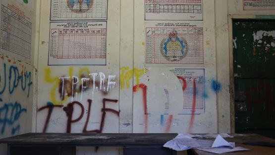 Tigray People's Liberation Front graffiti is seen spray-painted on the walls of an administrative office at the Mersa Elementary School in North Wollo, Ethiopia, in 2022. Photo by J. Countess via Getty Images
