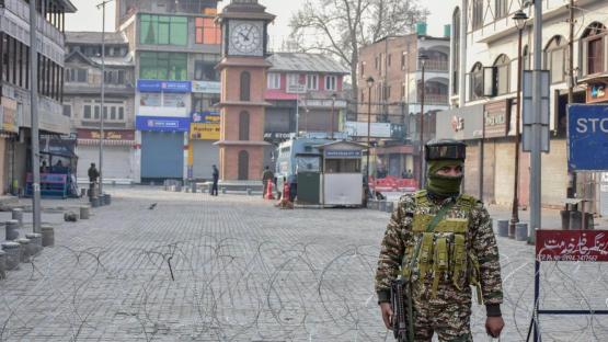 A paramilitary trooper stands guard in Srinagar, Jammu and Kashmir, on 6 March 2026 during the restrictions imposed after protests erupted following the killing of Iran's Supreme Leader Ali Khamenei.