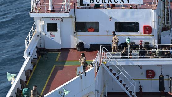 The Pushpa, which also uses the names Kiwala and Boracay, is pictured off the coast of western France on 1 October 2025 after French soldiers boarded the tanker on suspicion that it was involved in drone flights over Denmark. Photo by Damien Meyer/AFP via Getty Images