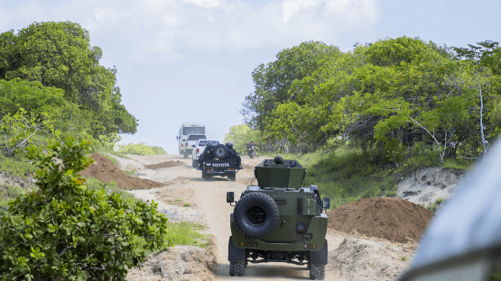Rwandan counter-terrorism special units and Mozambique police patrol streets in the town of Palma, Cabo Delgado, on 18 December 2023