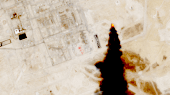 A satellite image shows smoke rising from an oil facility in Abqaiq, eastern Saudi Arabia, on 27 July 2026.