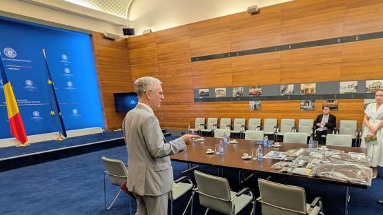 Vladimir Lipaev, Russian ambassador to Romania, is shown fragments of drones downed on Romanian territory at the Romanian Foreign Ministry in Bucharest in this handout image released on 27 July 2026. Romanian Foreign Ministry/Handout via Reuters
