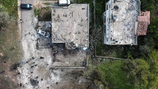 A drone view of damaged buildings in northern Israel following projectile barrages from Hezbollah on 13 March 2026, amid an escalation between Hezbollah and Israel and the US-Israel conflict with Iran