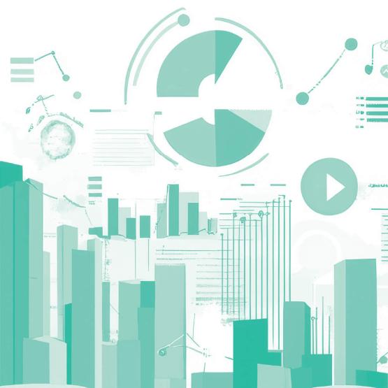 An intricate data visualization illustration showing bar charts, graphs, and abstract shapes.