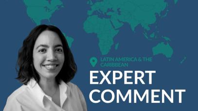 Headshot of the author, Mar&iacute;a Fernanda Arocha, against a world map background with the text &ldquo;Latin America & the Caribbean &ndash; Expert Comment,&rdquo;