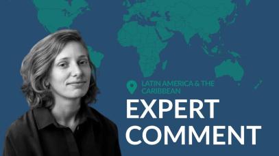 Headshot of the author, Sandra Pellegrini, against a world map background with the text &ldquo;Latin America and the Caribbean &ndash; Expert Comment,&rdquo;