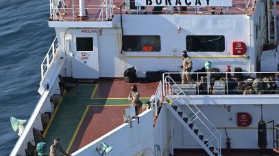 The Pushpa, which also uses the names Kiwala and Boracay, is pictured off the coast of western France on 1 October 2025 after French soldiers boarded the tanker on suspicion that it was involved in drone flights over Denmark. Photo by Damien Meyer/AFP via Getty Images