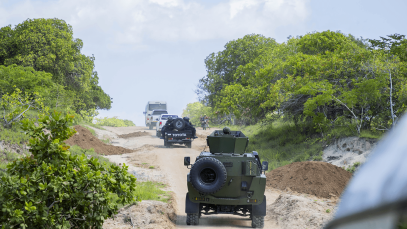 Rwandan counter-terrorism special units and Mozambique police patrol streets in the town of Palma, Cabo Delgado, on 18 December 2023