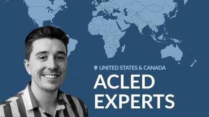 Headshot of the author, Kieran Doyle, against a world map background with the text &ldquo;United States & Canada &ndash; ACLED Experts&rdquo;