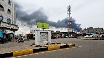 Smoke rises from the port city of Mocha in Yemen following Houthi missile and drone strikes on 9 August 2026.