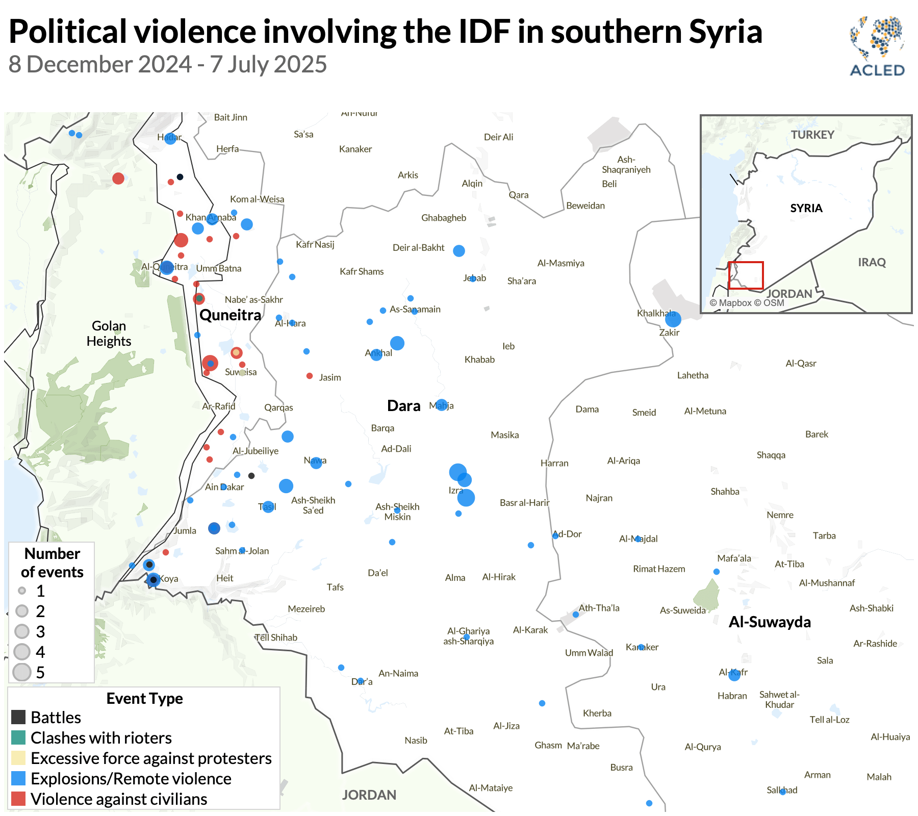 Map - Political violence involving the IDF in southern Syria 8 December 2024 - 7 July 2025