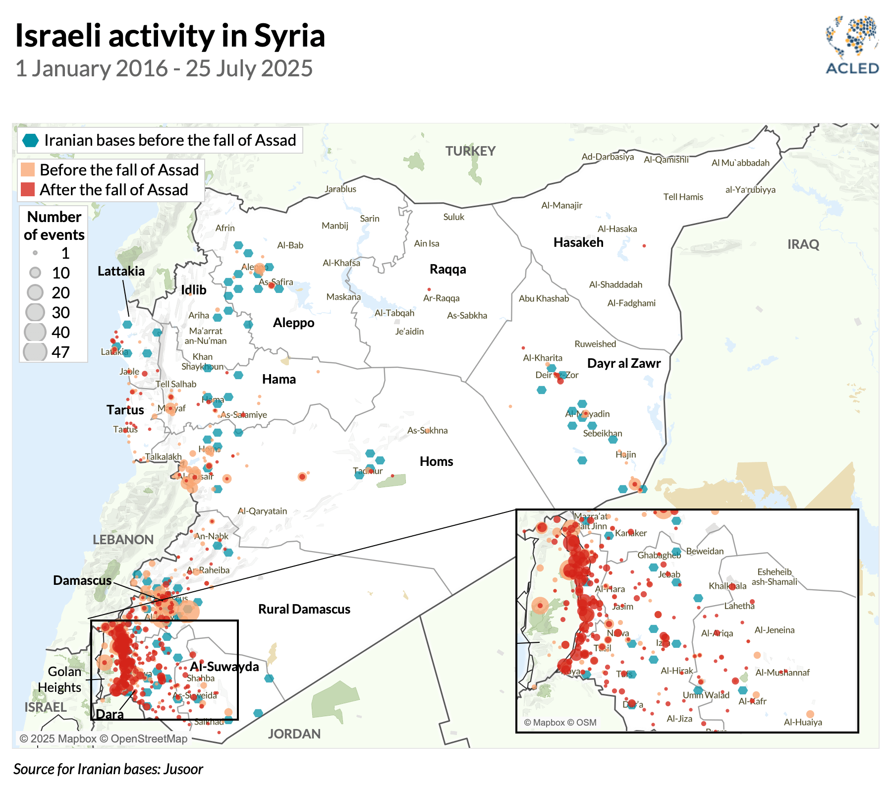 Map - Israeli activity in Syria 1 January 2016 - 25 July 2025