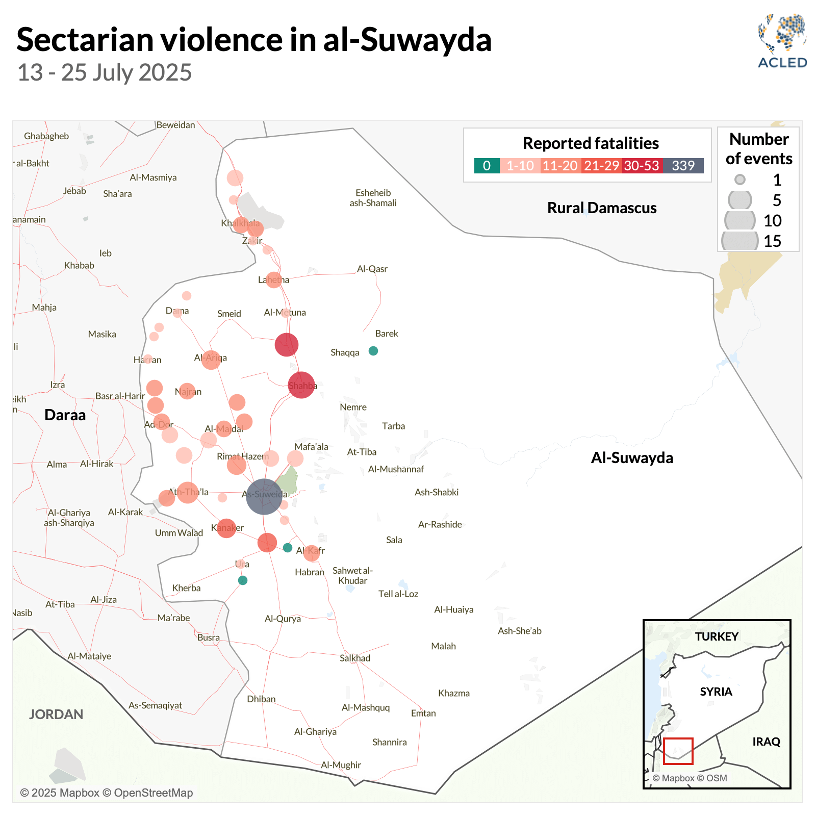 Map Sectarian violence in al-Suwayda 13 - 25 July 2025 Beweidan