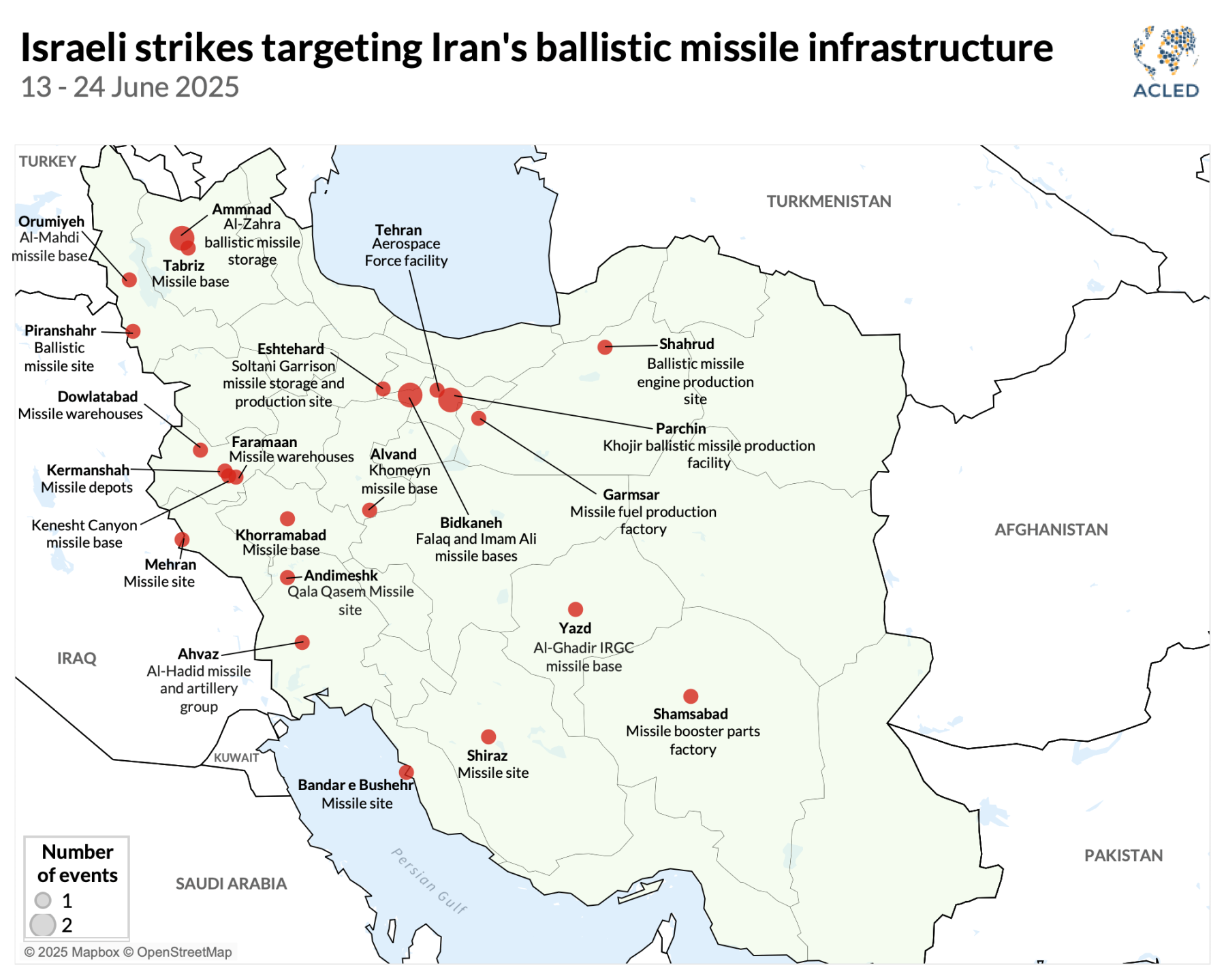 Map - Israeli strikes targeting Iran's ballistic missile infrastructure 13 - 24 June 2025