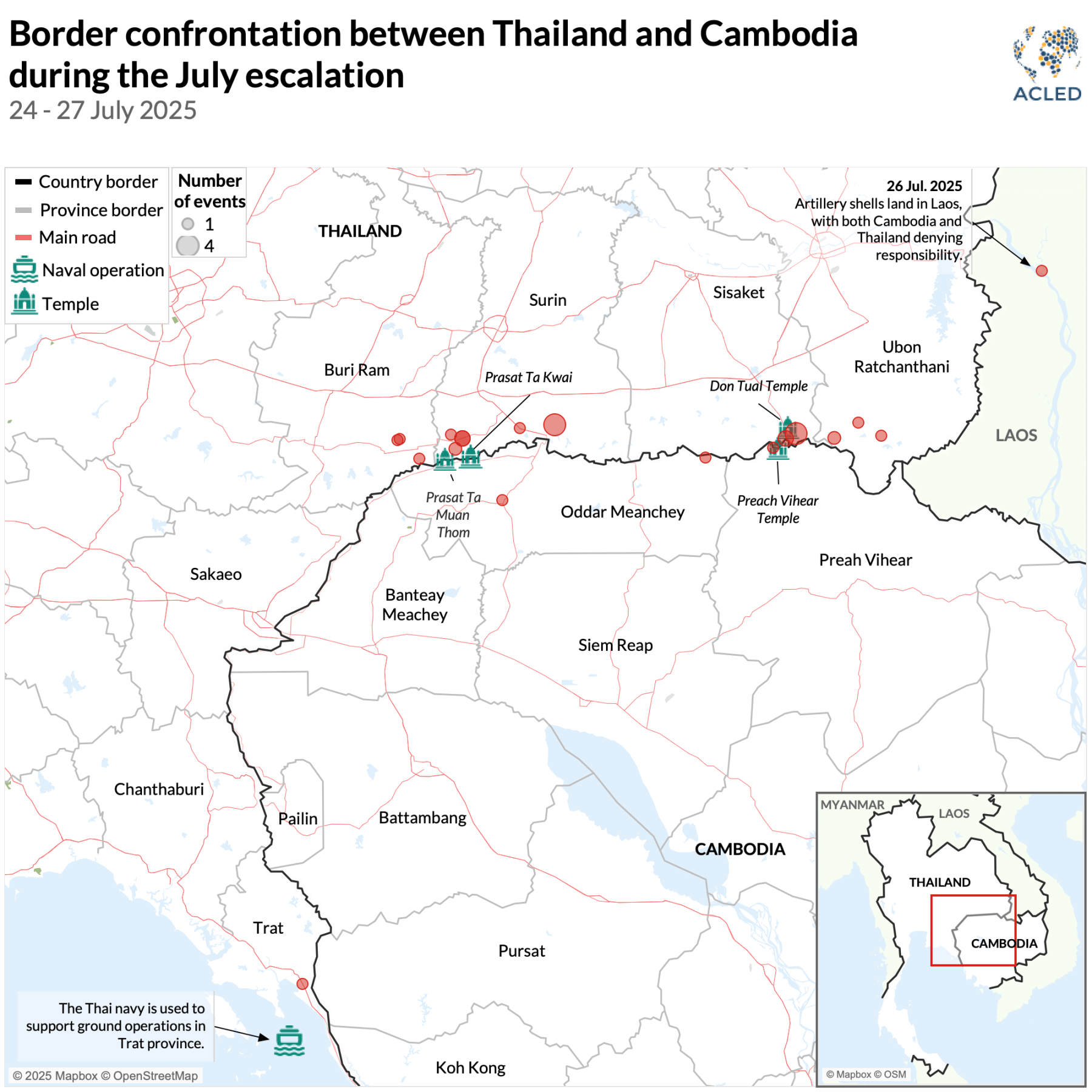 Map - Border confrontation between Thailand and Cambodia during the July escalation 24 - 27 July 2025