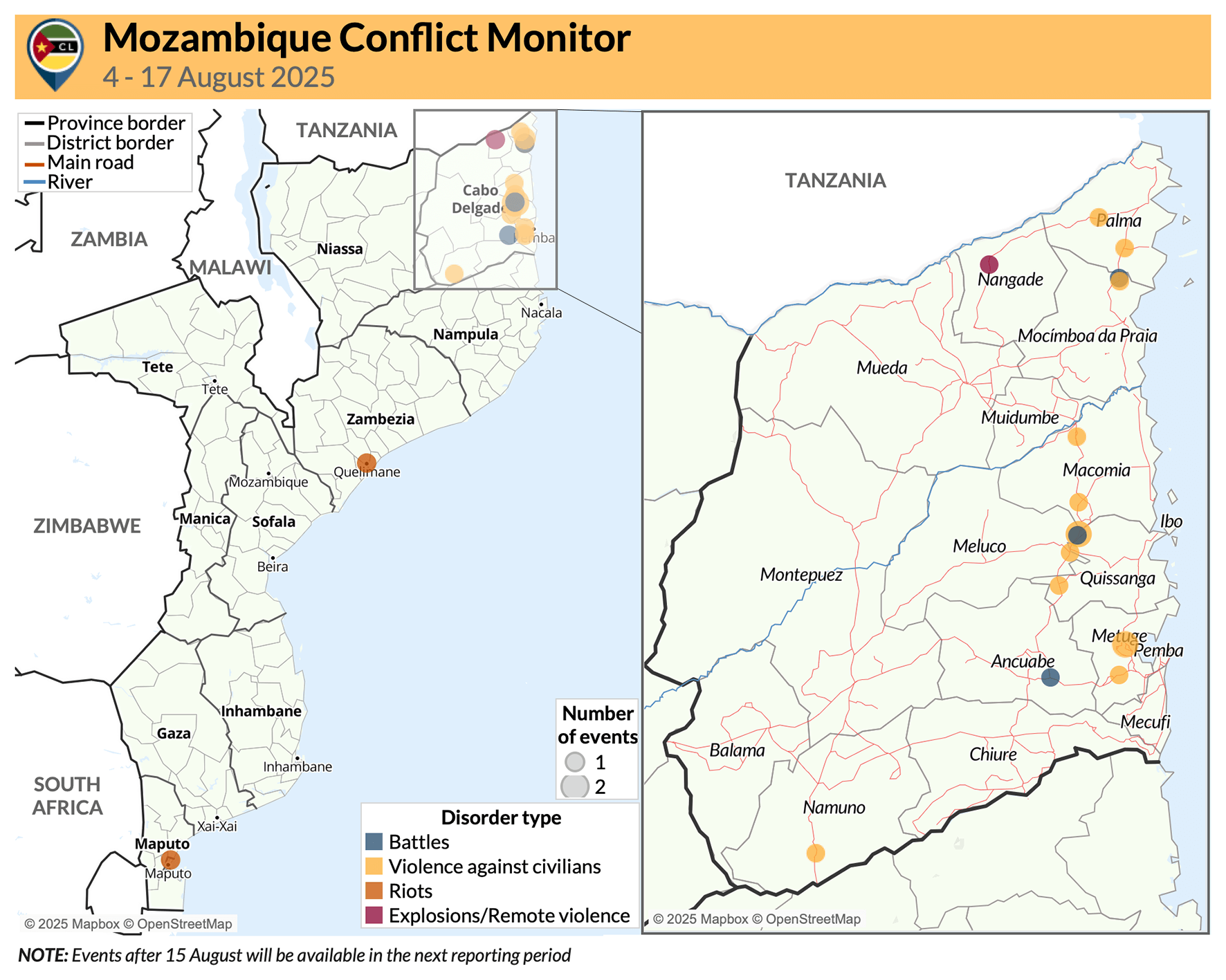 Mozambique overview map - events covering 4-17 august