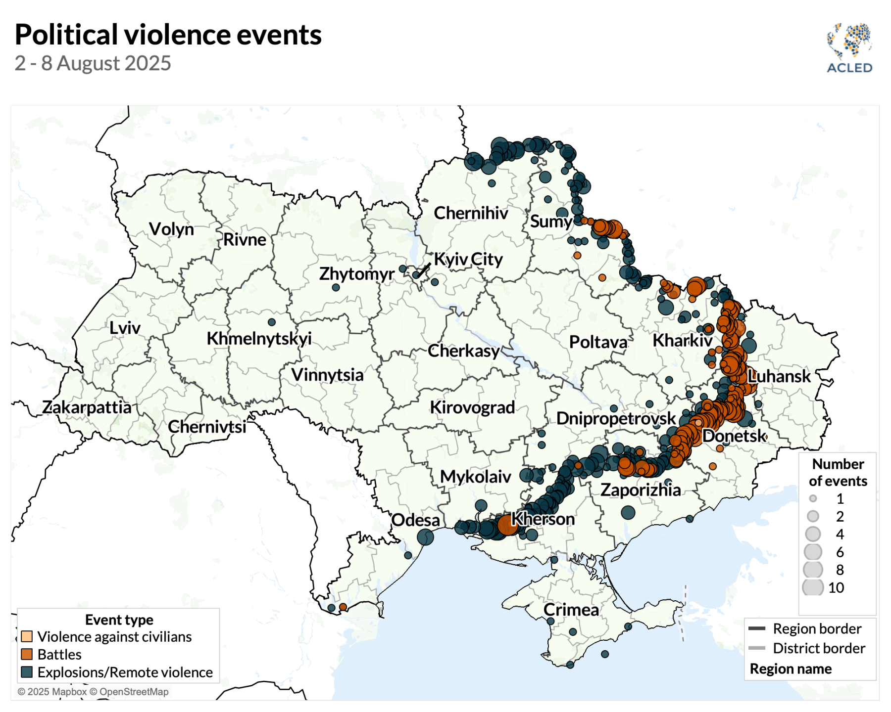 Ukraine Conflict Monitor map - political violence events in Ukraine 2-8 August 2025