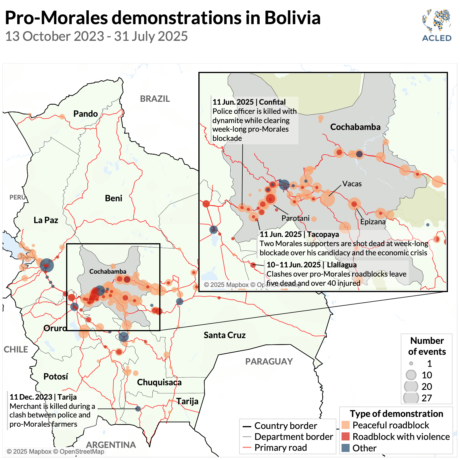 Map showing pro morales demonstrations in bolivia - 13 october 2023-21 july 2025