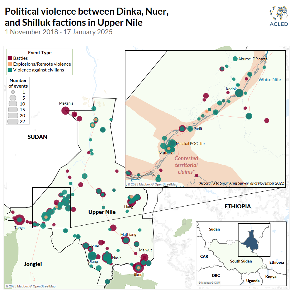Map - Political violence between Dinka, Nuer, and Shilluk factions in Upper Nile 1 November 2018 - 17 January 2025