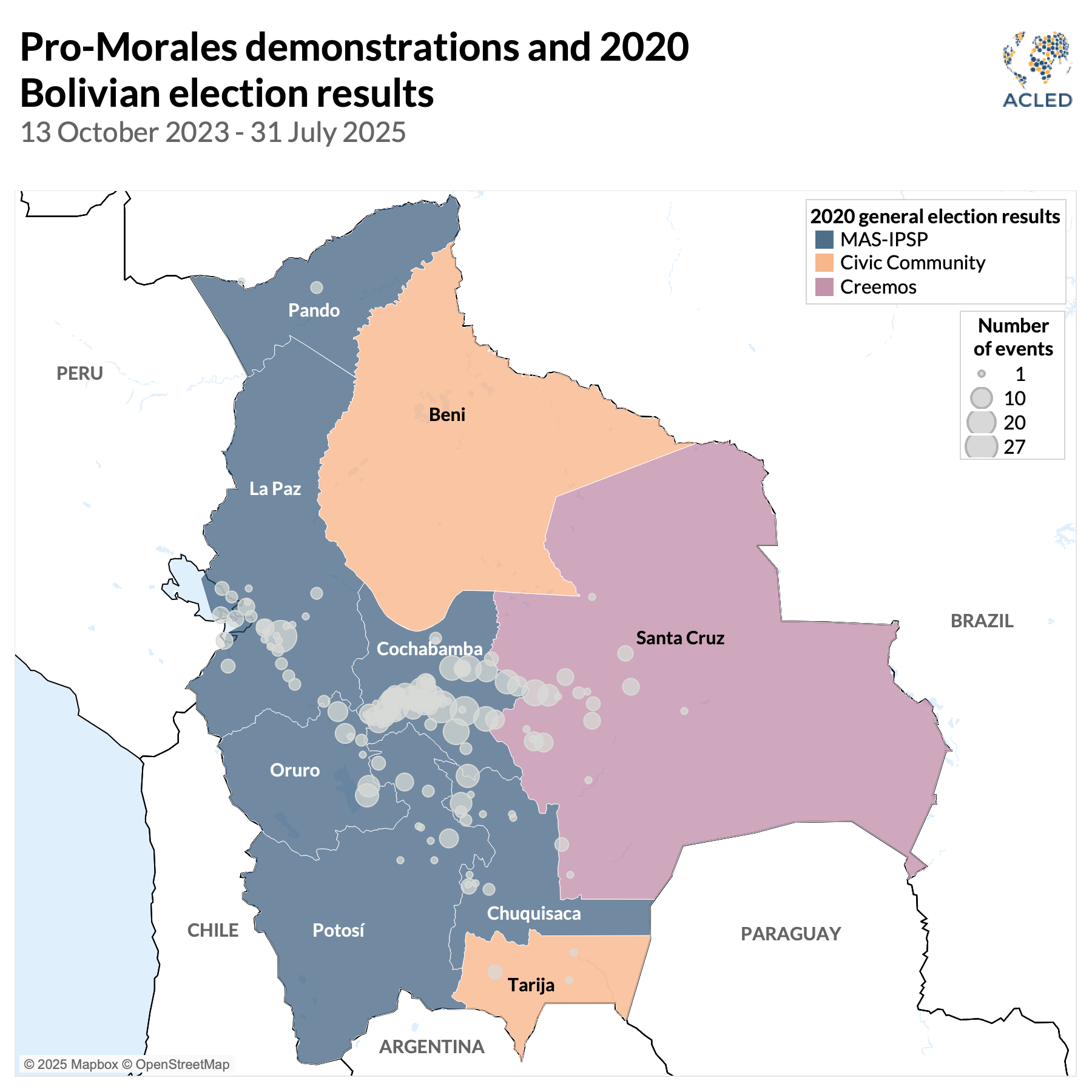 map showing pro-morales demonstrations laid over 202 bolivican election results - 2023-2025