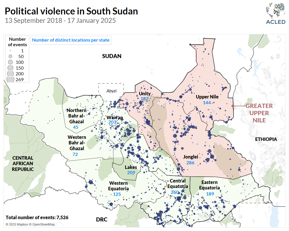 Map - Political violence in South Sudan 13 September 2018 - 17 January 2025