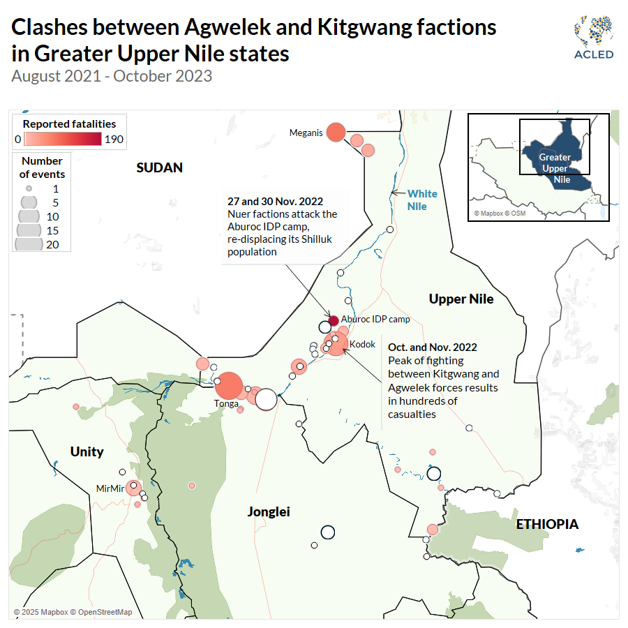 Map- Clashes between Agwelek and Kitgwang factions in Greater Upper Nile states August 2021 - October 2023