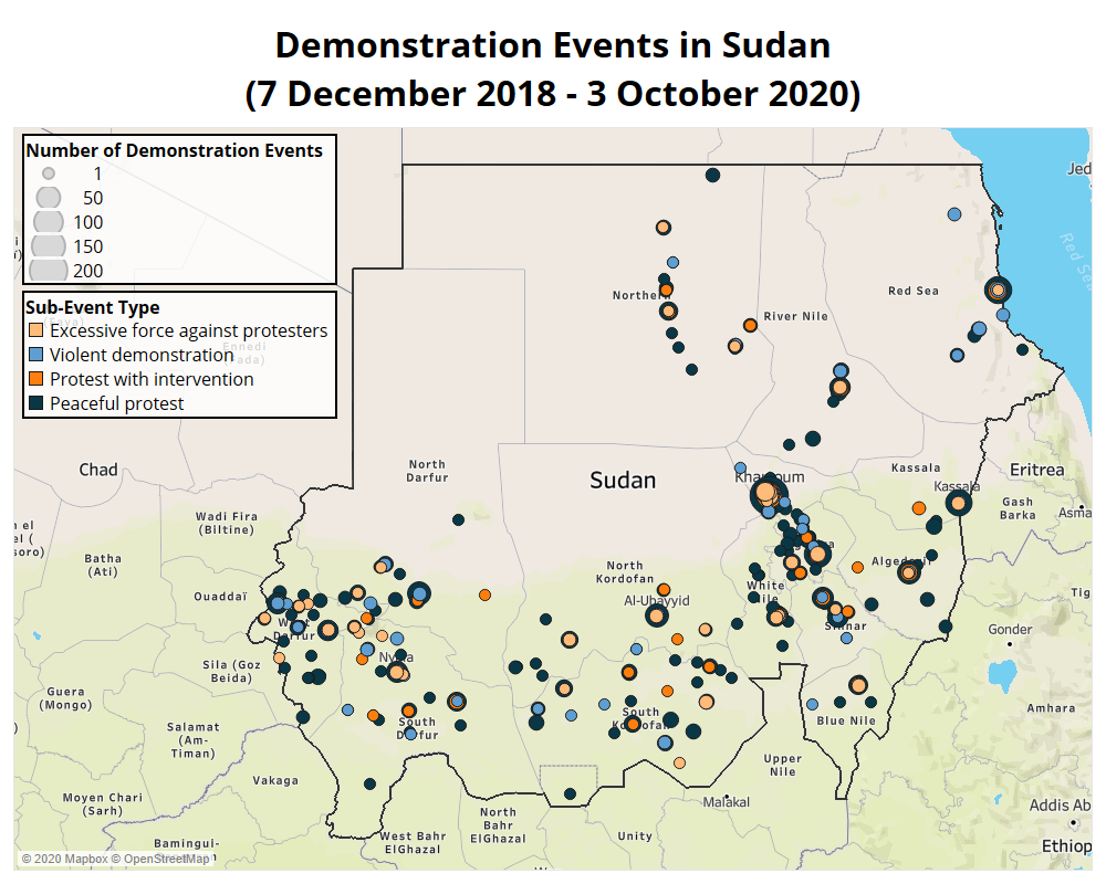 Map - Demonstration Events in Sudan (7 December 2018 - 3 October 2020)
