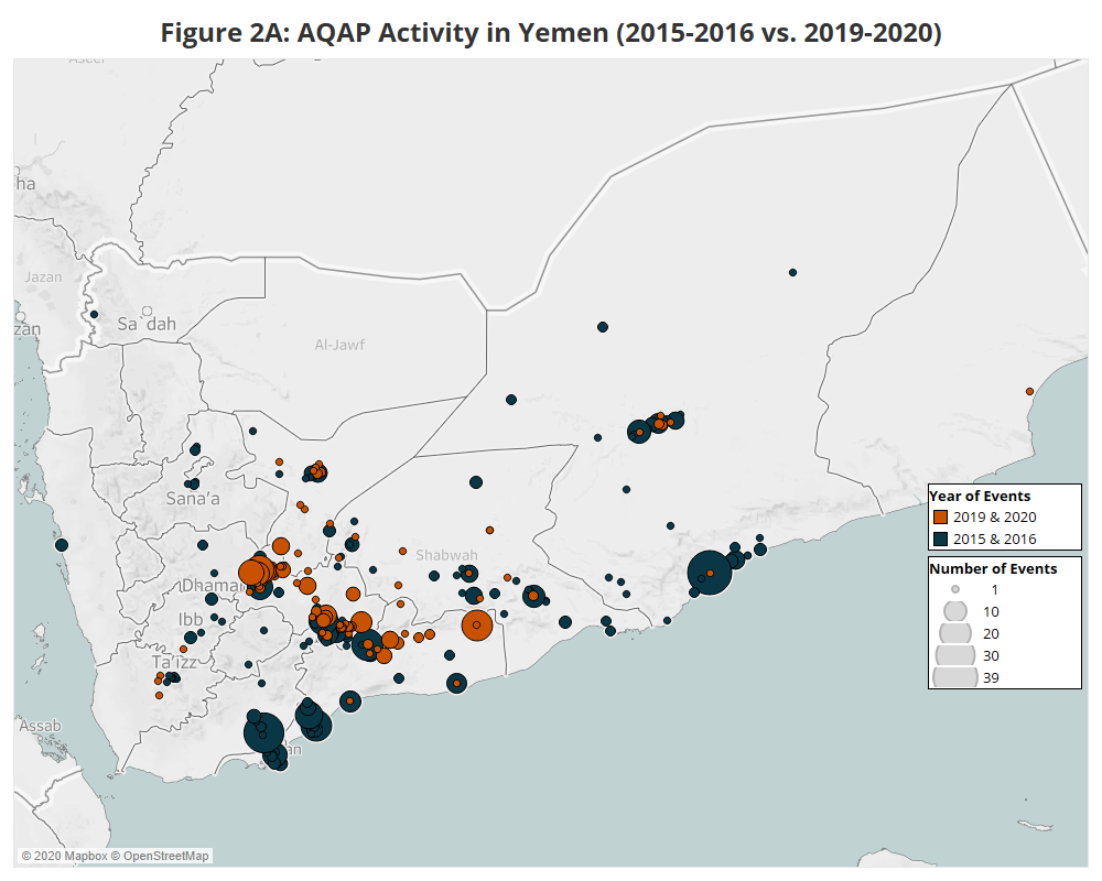 Map - Figure 2A: AQAP Activity in Yemen (2015-2016 vs. 2019-2020)