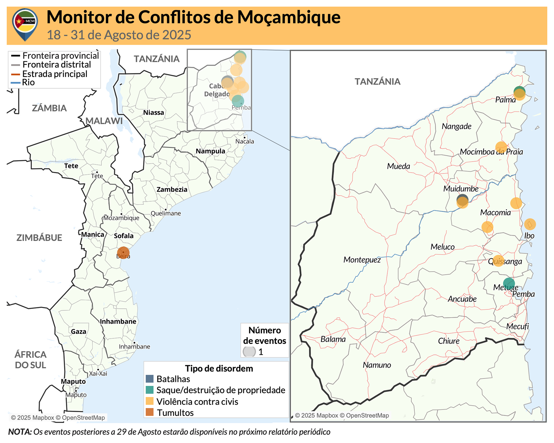 Map - Monitor de Conflitos de Mo&ccedil;ambique: 18 - 31 de Agosto de 2025