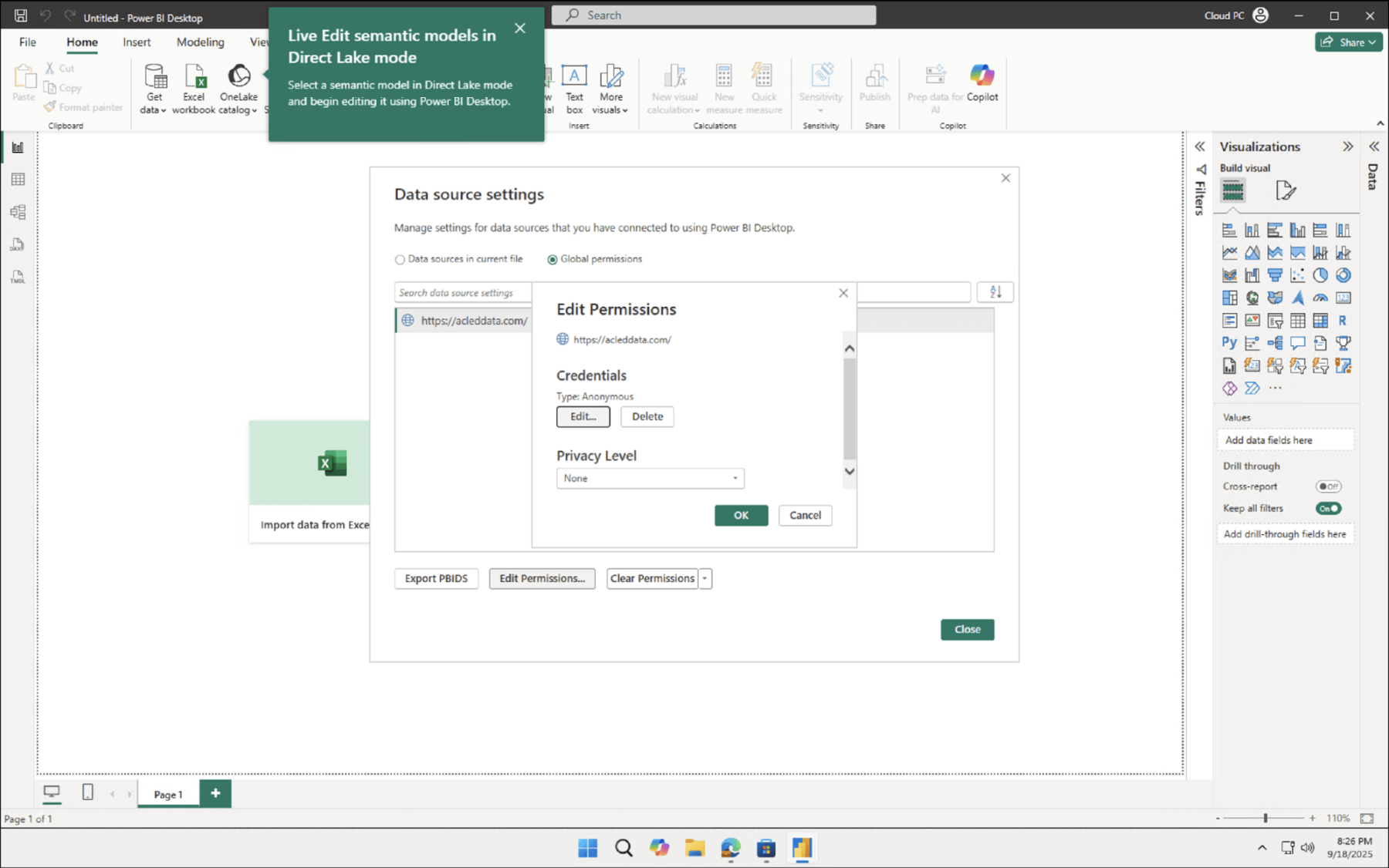 screenshot showing where to enter data source settings in powerbi
