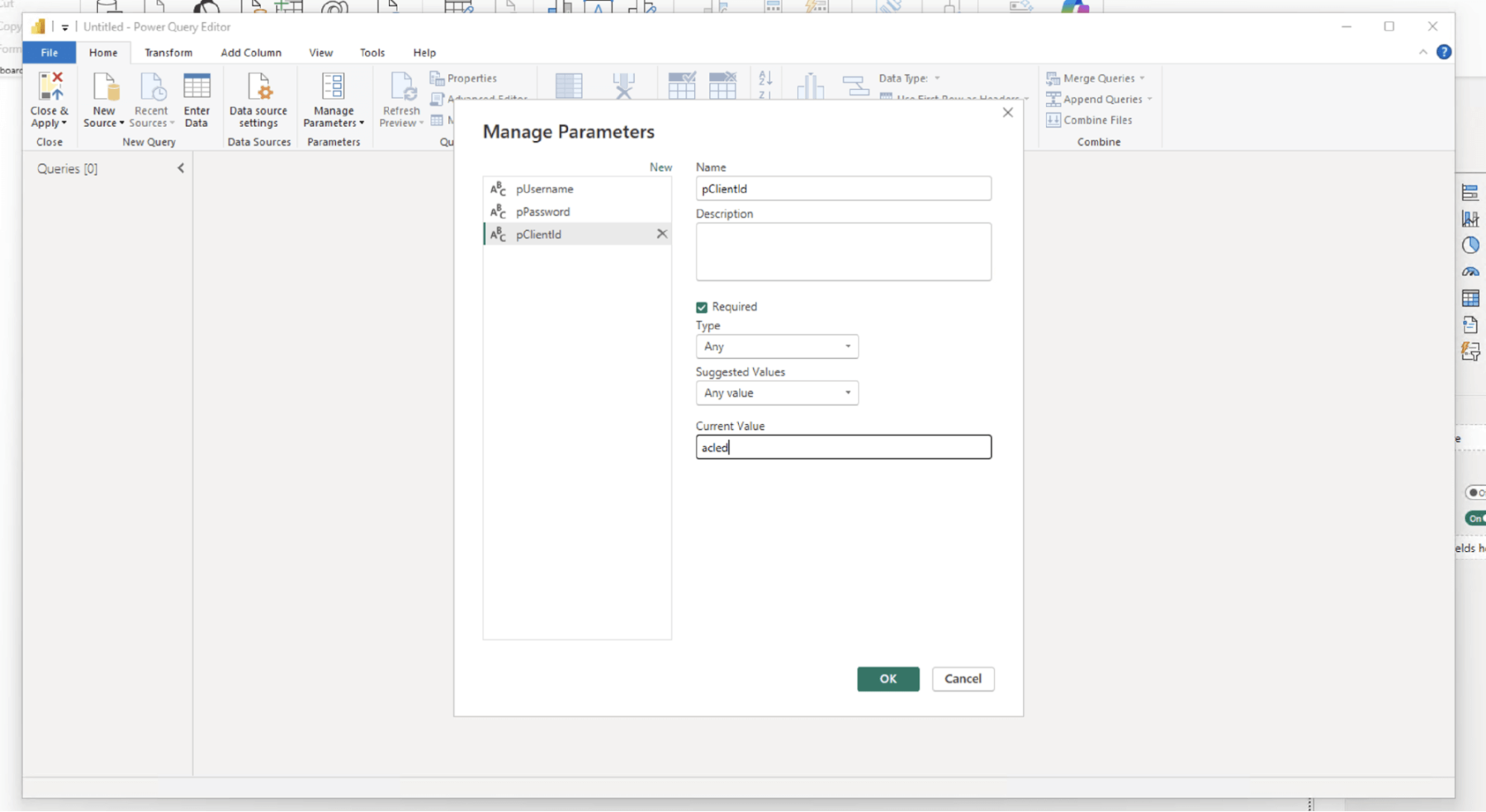 screenshot showing where to input parameters in powerBI