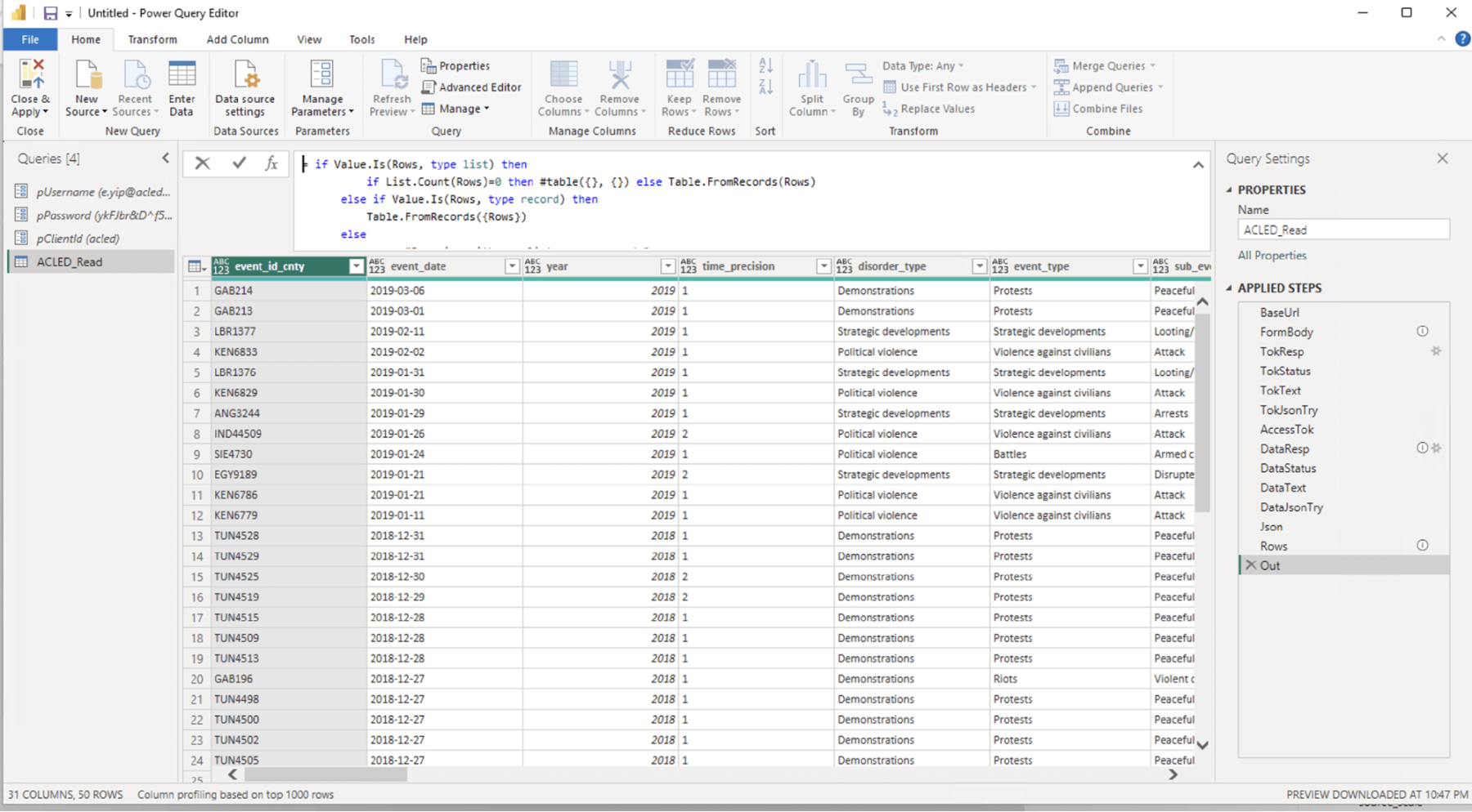 screenshot showing successfully imported ACLED data in powerbi