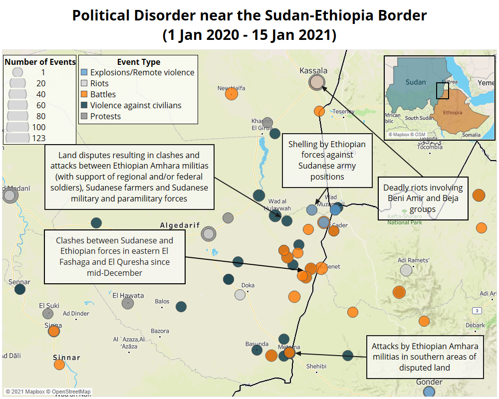 Map - Political Disorder near the Sudan-Ethiopia Border (1 Jan 2020 - 15 Jan 2021)