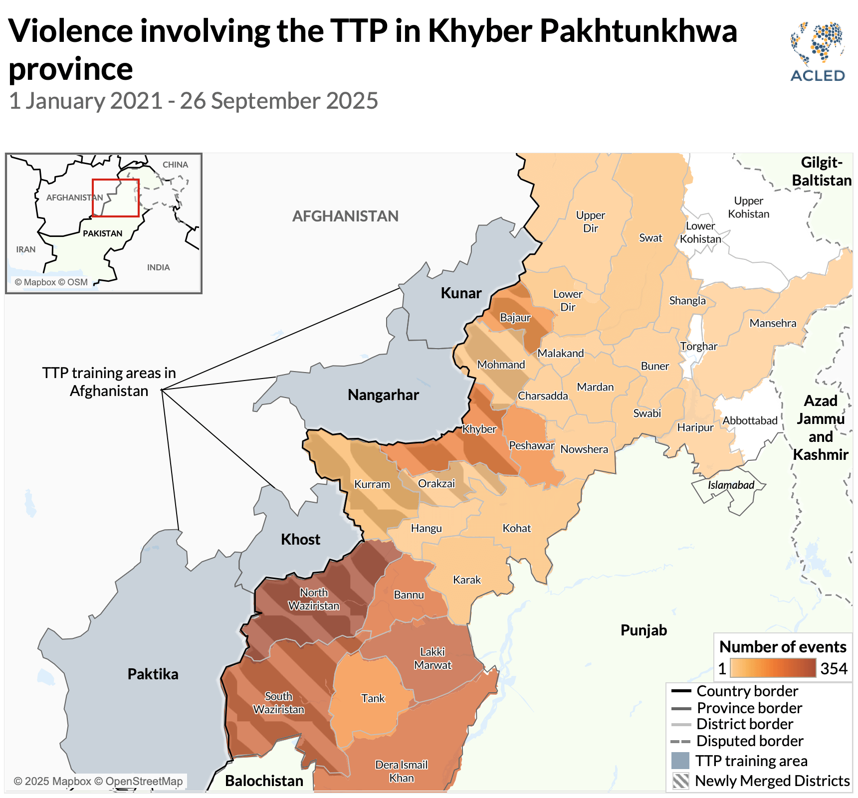 Map - Violence involving the TTP in Khyber Pakhtunkhwa province 1 January 2021 - 26 September 2025