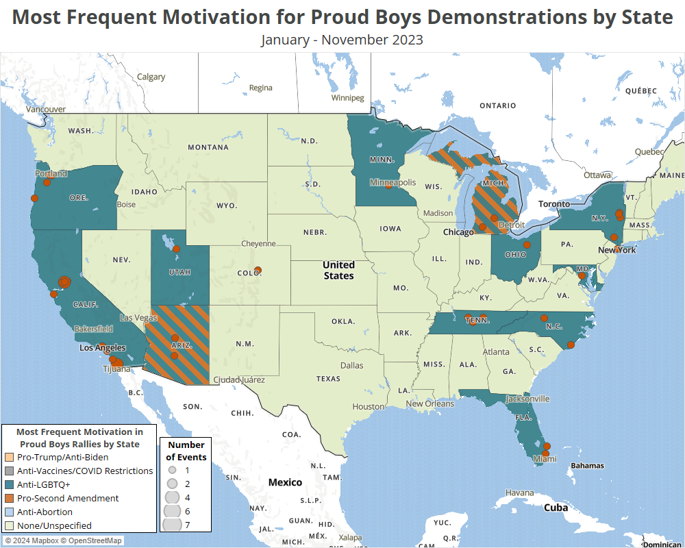 Most Frequent Motivation for Proud Boys Demonstrations by State January - November 2023