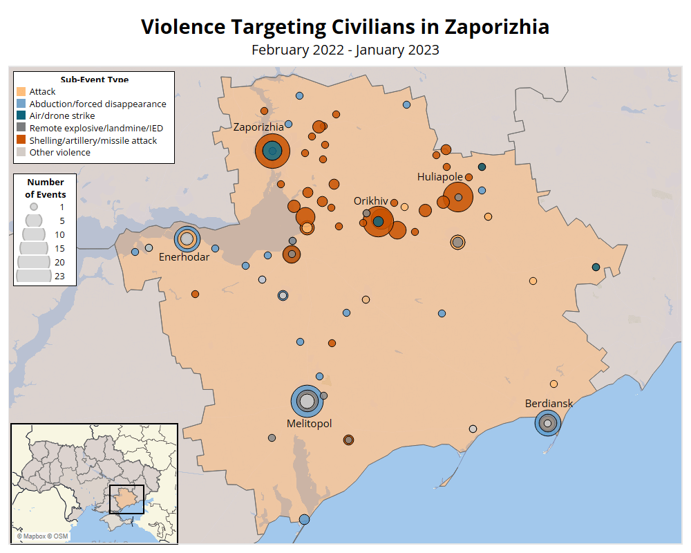Map - Violence Targeting Civilians in Zaporizhia February 2022 - January 2023