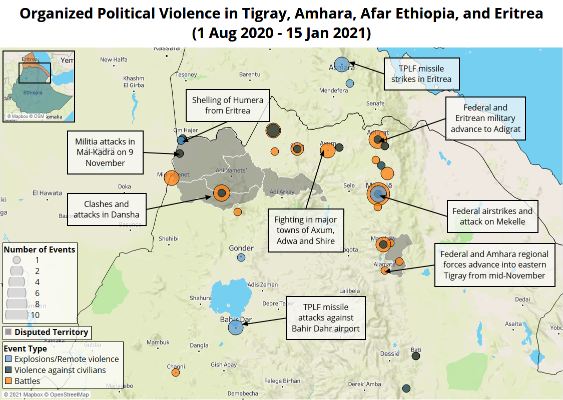 Map - Organized Political Violence in Tigray, Amhara, Afar Ethiopia, and Eritrea (1 Aug 2020 - 15 Jan 2021)