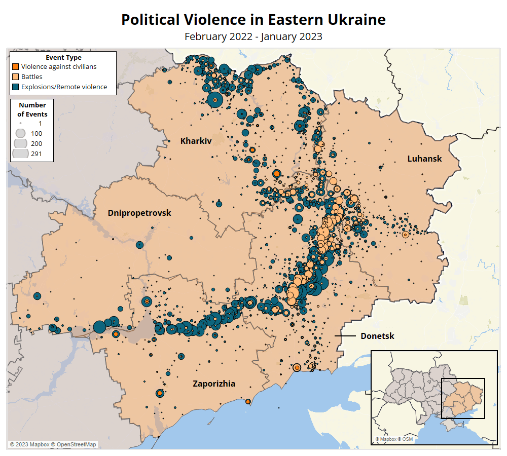 Map - Political Violence in Eastern Ukraine February 2022 - January 2023