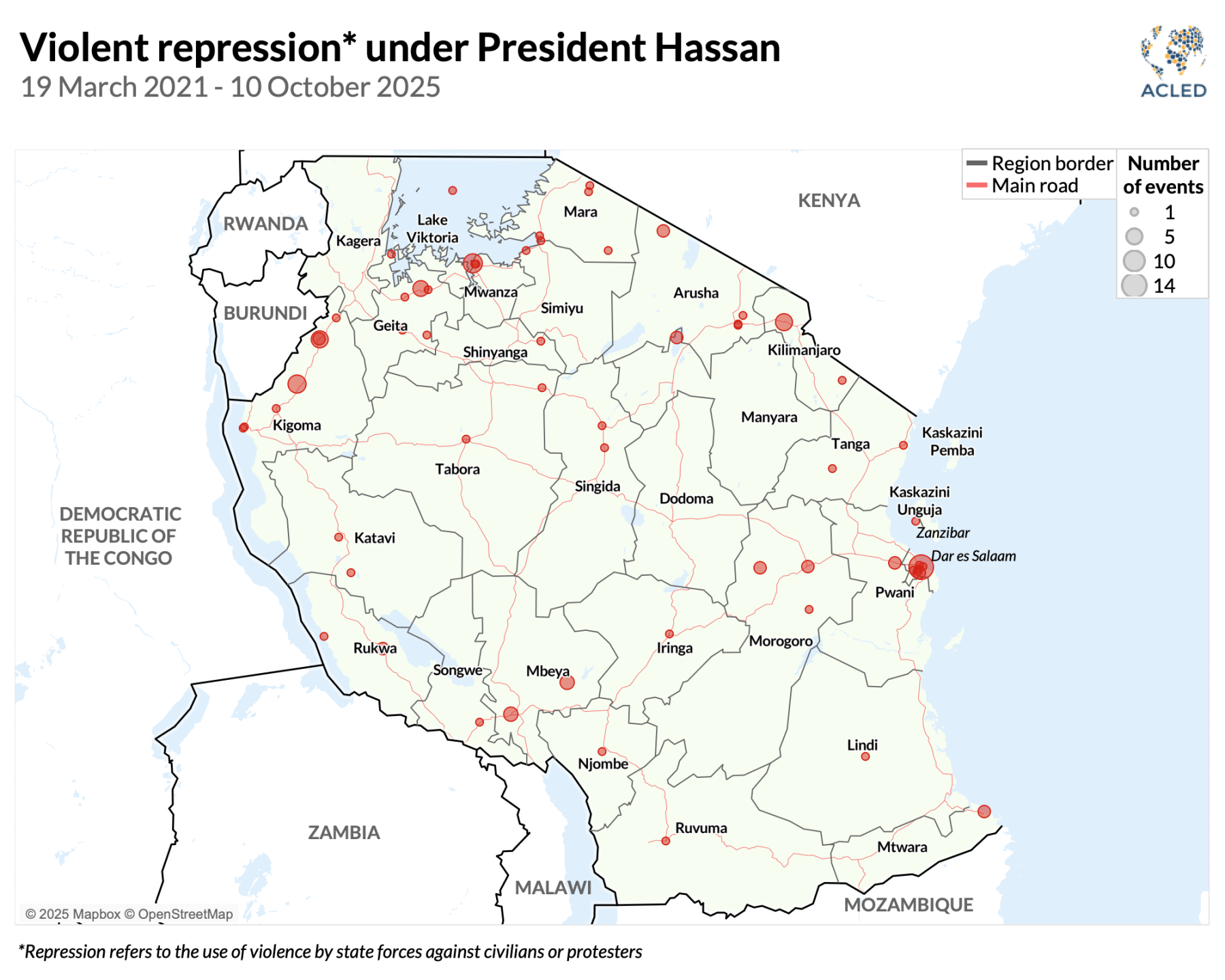 Map - Violent repression* under President Hassan 19 March 2021 - 10 October 2025