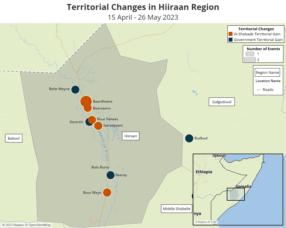 Map - Territorial Changes in Hiiraan Region 15 April - 26 May 2023