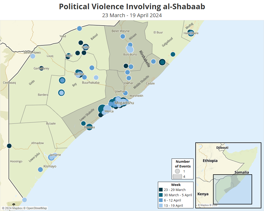 Map Political Violence Involving al-Shabaab 23 March - 19 April 2024